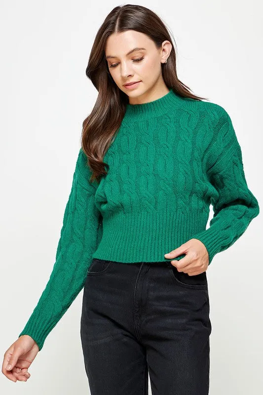 Cable Knit Mock Neck Bottom Rib Sweater
