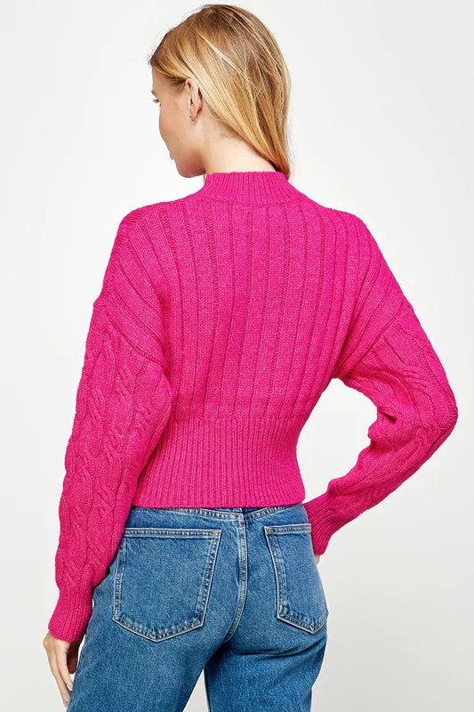 Cable Knit Mock Neck Bottom Rib Sweater