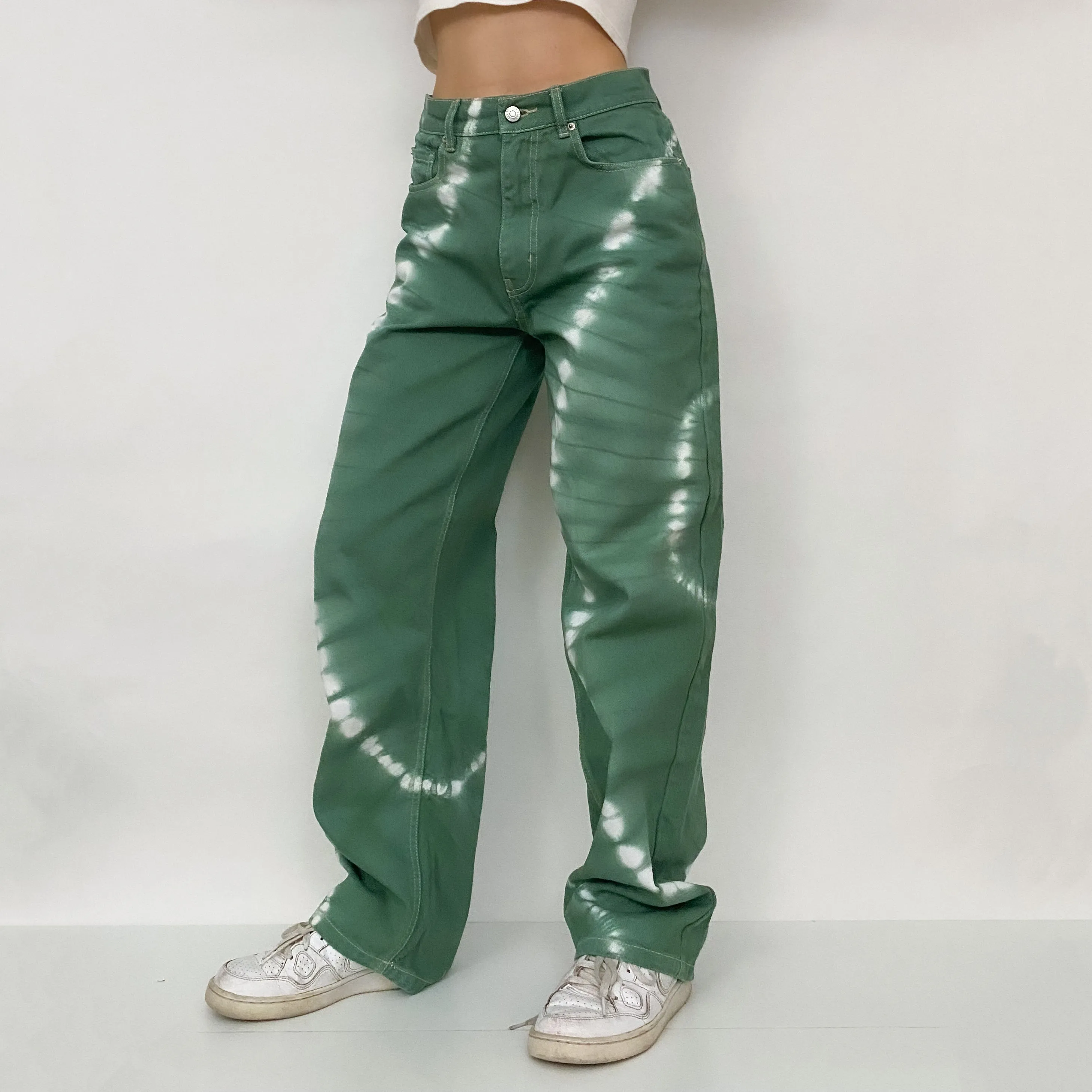 Funky High Rise Baggy Green Tie Dye Jeans