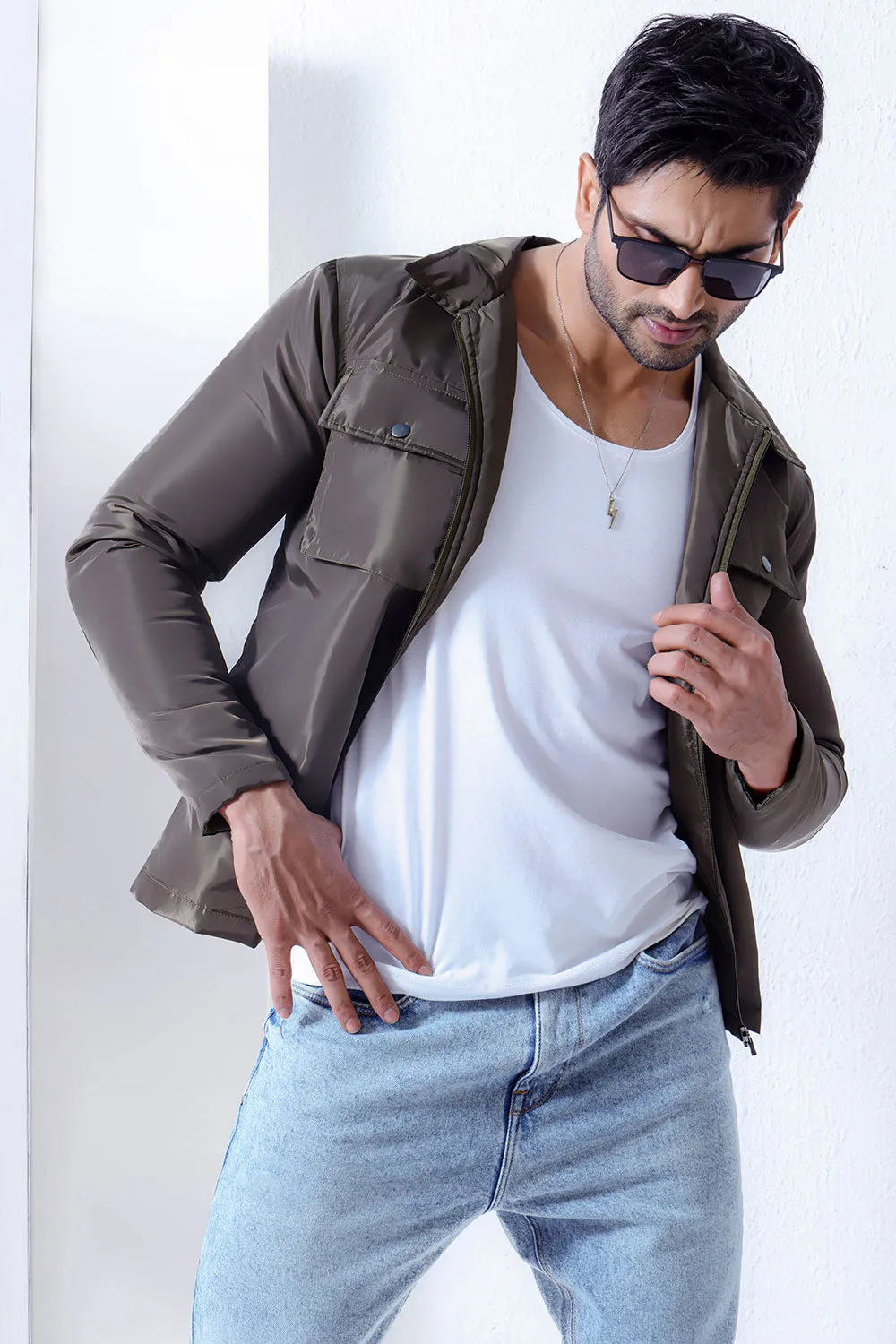 Green Double Pocket Polyamide Jacket
