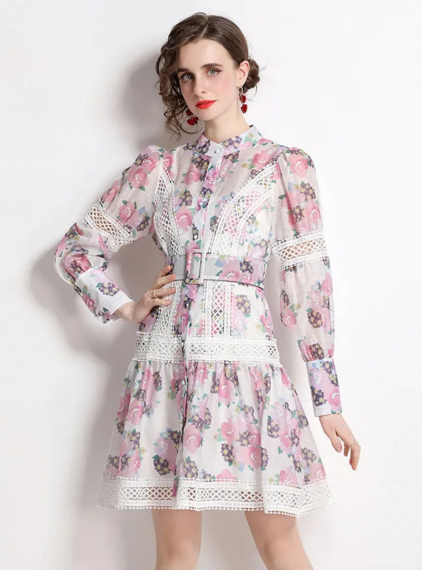 Heavy-duty Crochet Print Stand-up Collar Dress