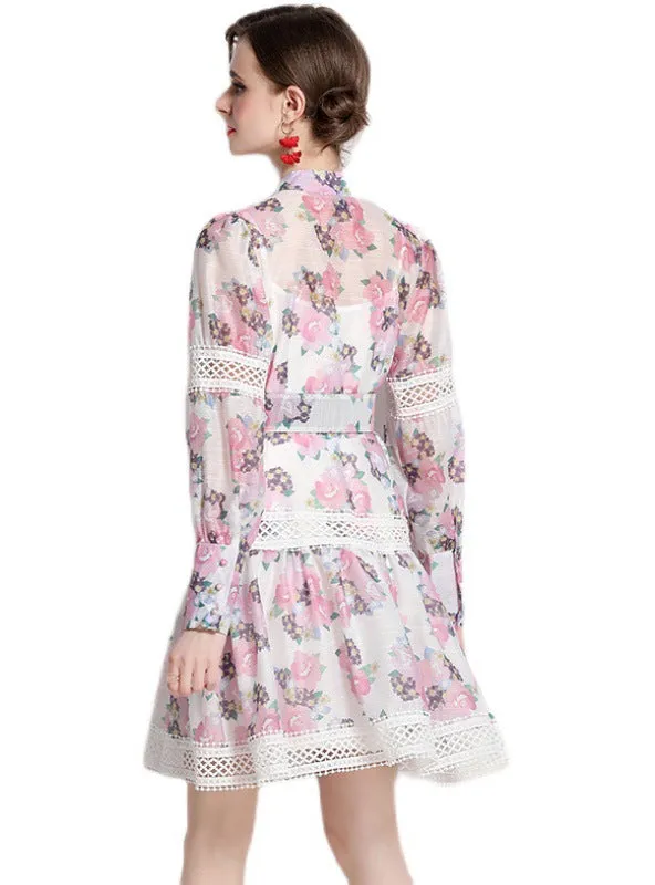 Heavy-duty Crochet Print Stand-up Collar Dress