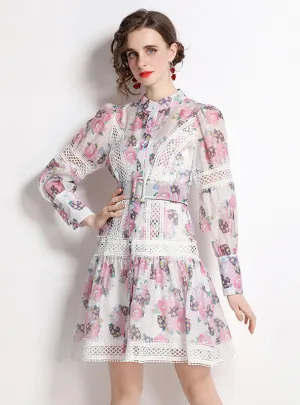 Heavy-duty Crochet Print Stand-up Collar Dress