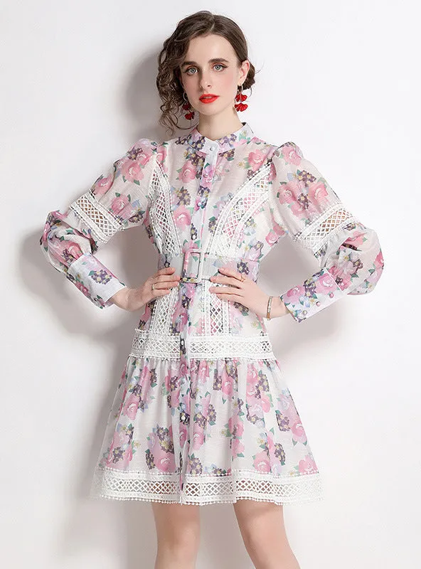 Heavy-duty Crochet Print Stand-up Collar Dress