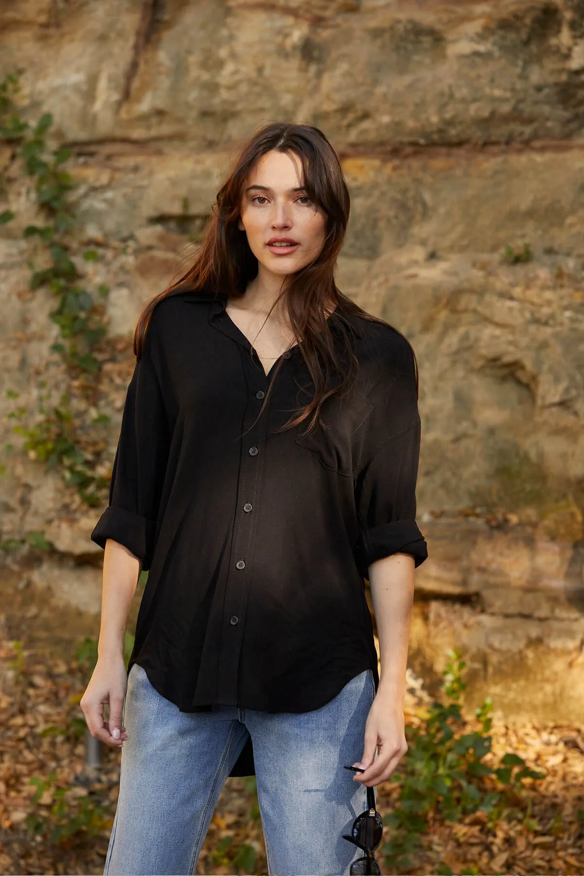 Linen-Like Relaxed Button Down Shirt - Black