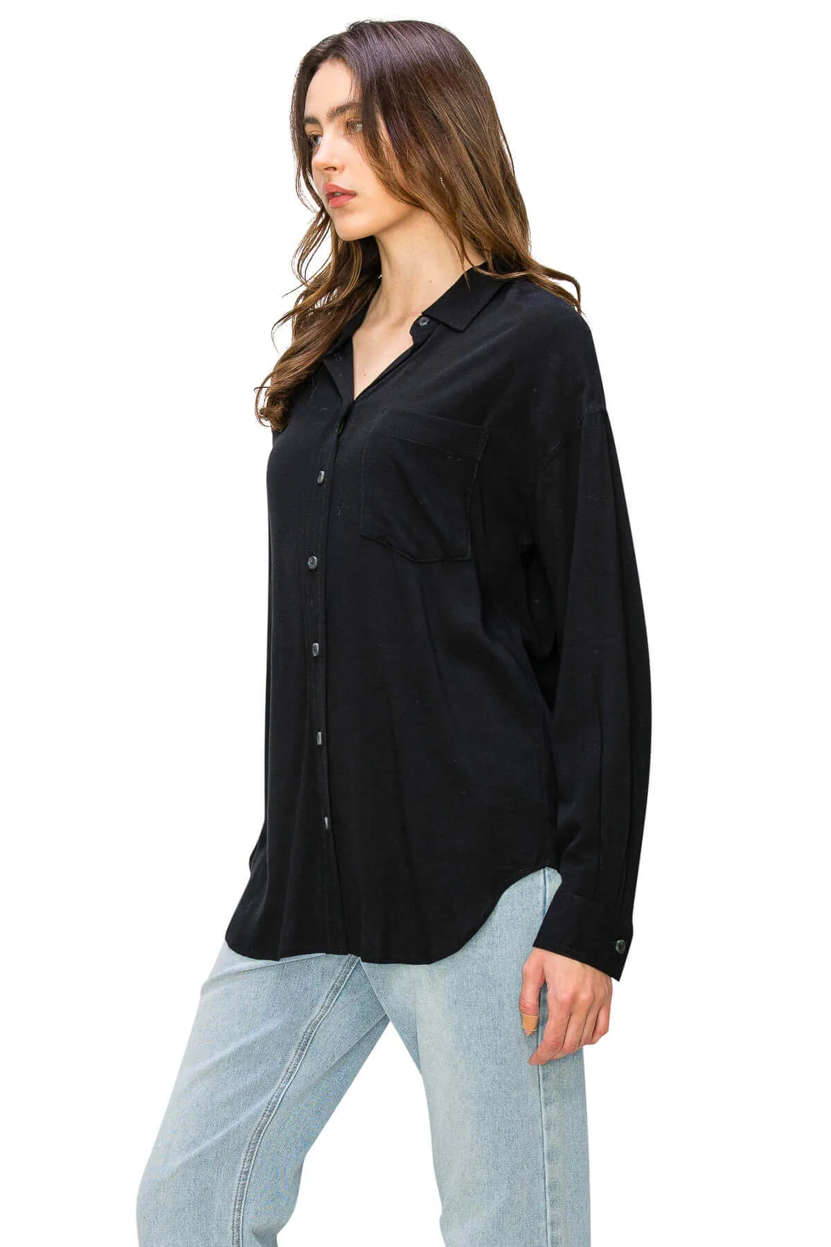 Linen-Like Relaxed Button Down Shirt - Black