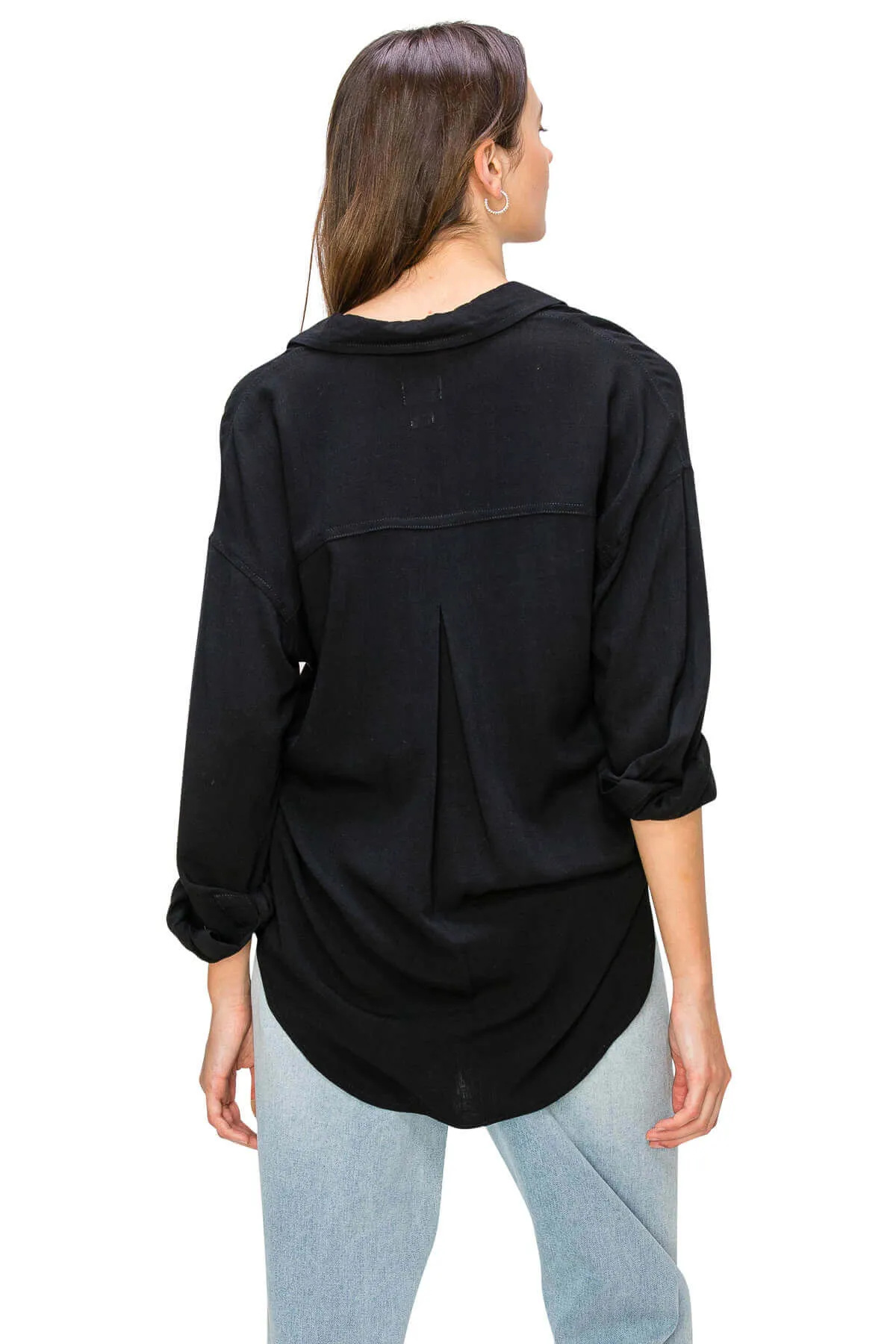 Linen-Like Relaxed Button Down Shirt - Black