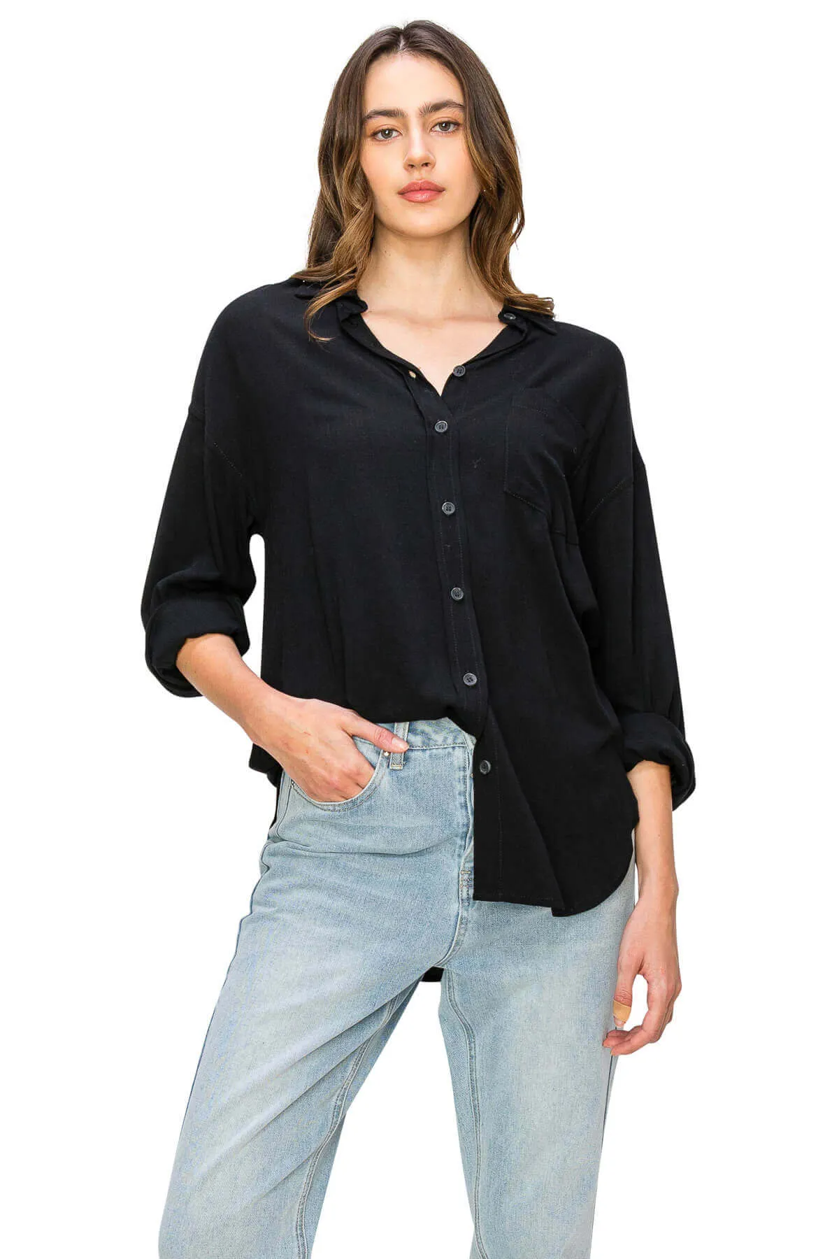 Linen-Like Relaxed Button Down Shirt - Black