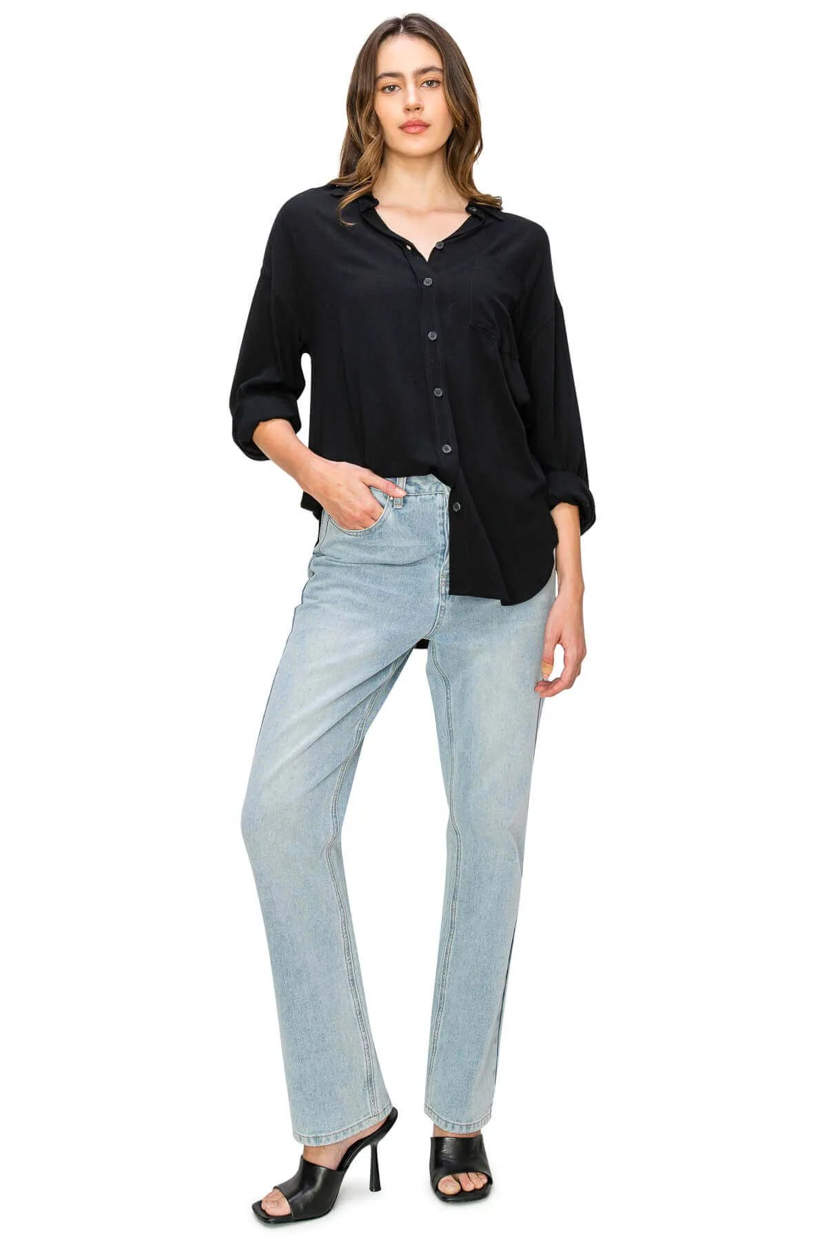 Linen-Like Relaxed Button Down Shirt - Black