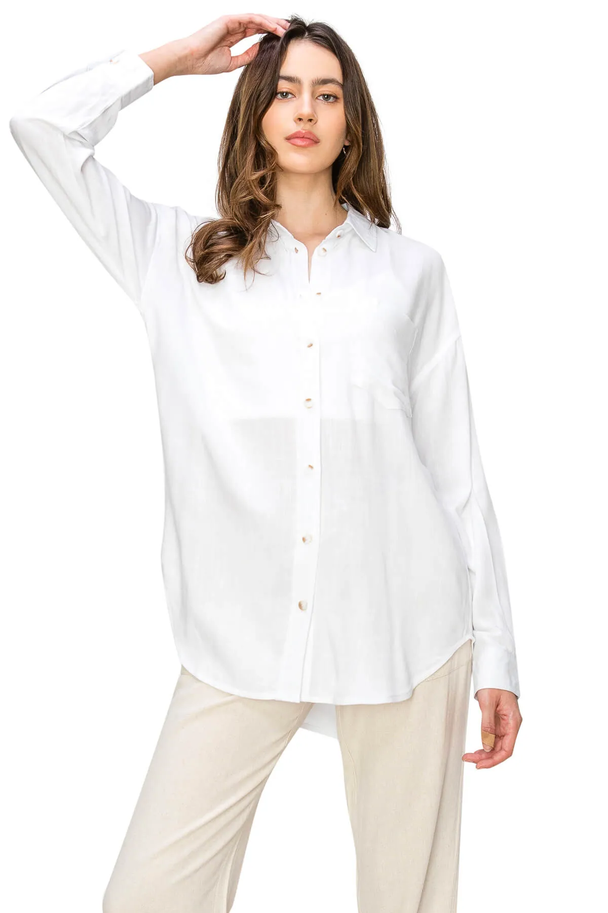 Linen-Like Relaxed Button Down Shirt - White