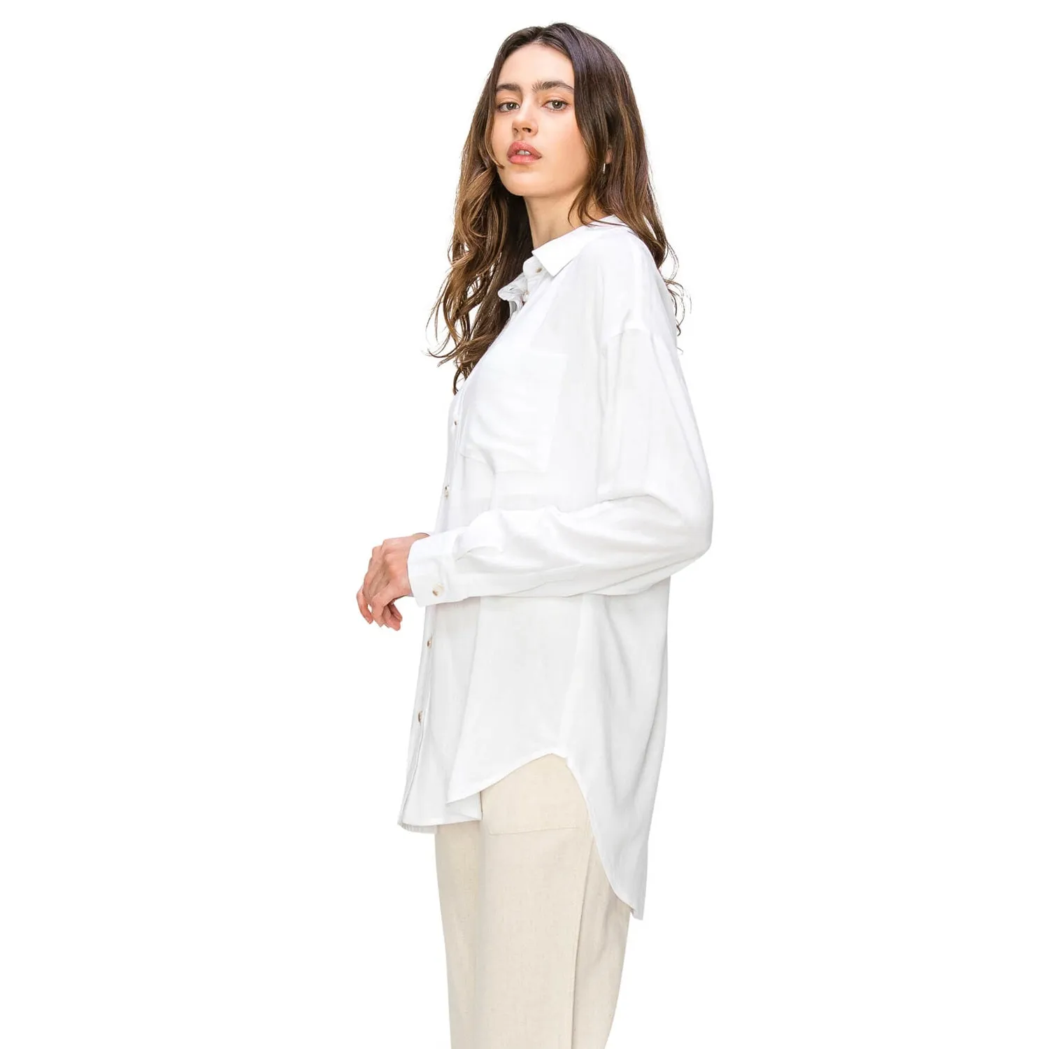 Linen-Like Relaxed Button Down Shirt - White