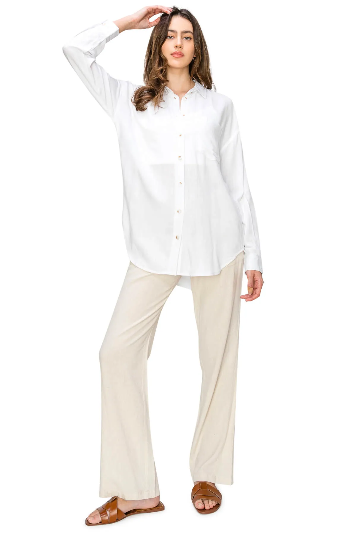 Linen-Like Relaxed Button Down Shirt - White