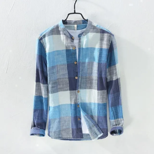Linen Shirts Men's Casual Shirts Patchwork Long Sleeve Shirt