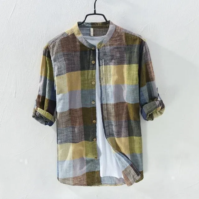 Linen Shirts Men's Casual Shirts Patchwork Long Sleeve Shirt