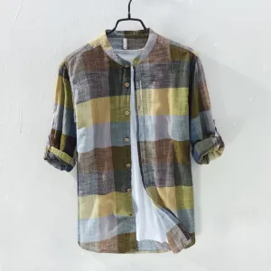 Linen Shirts Men's Casual Shirts Patchwork Long Sleeve Shirt