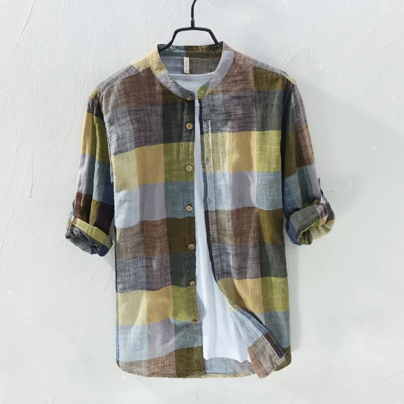 Linen Shirts Men's Casual Shirts Patchwork Long Sleeve Shirt