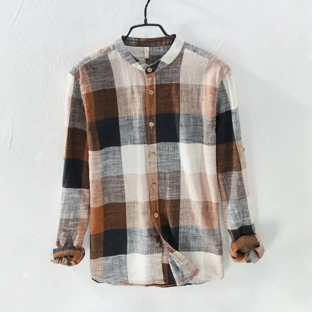 Linen Shirts Men's Casual Shirts Patchwork Long Sleeve Shirt
