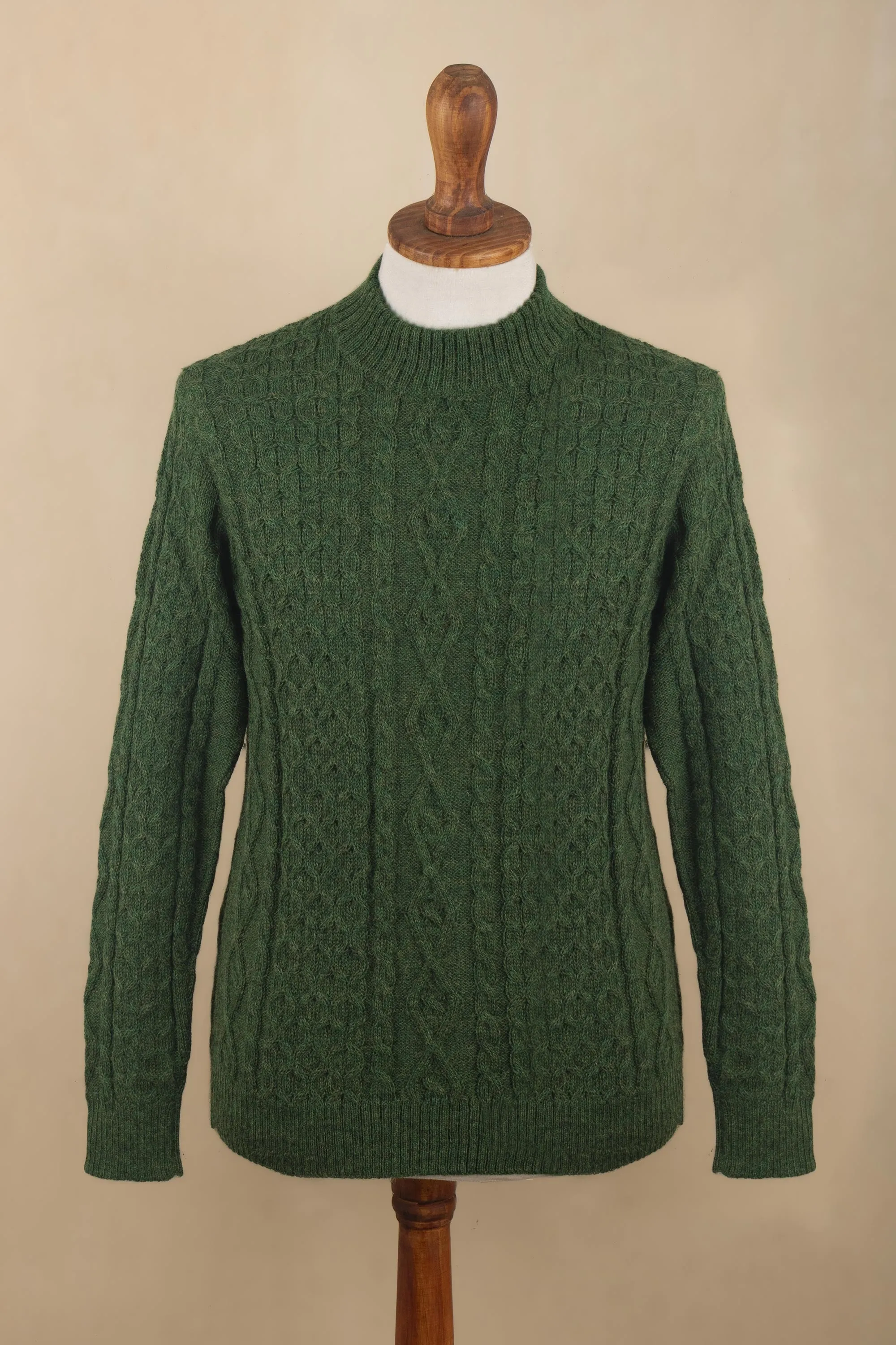 Men's Dark Green 100% Alpaca Pullover Sweater From Peru - Moss Braids | NOVICA