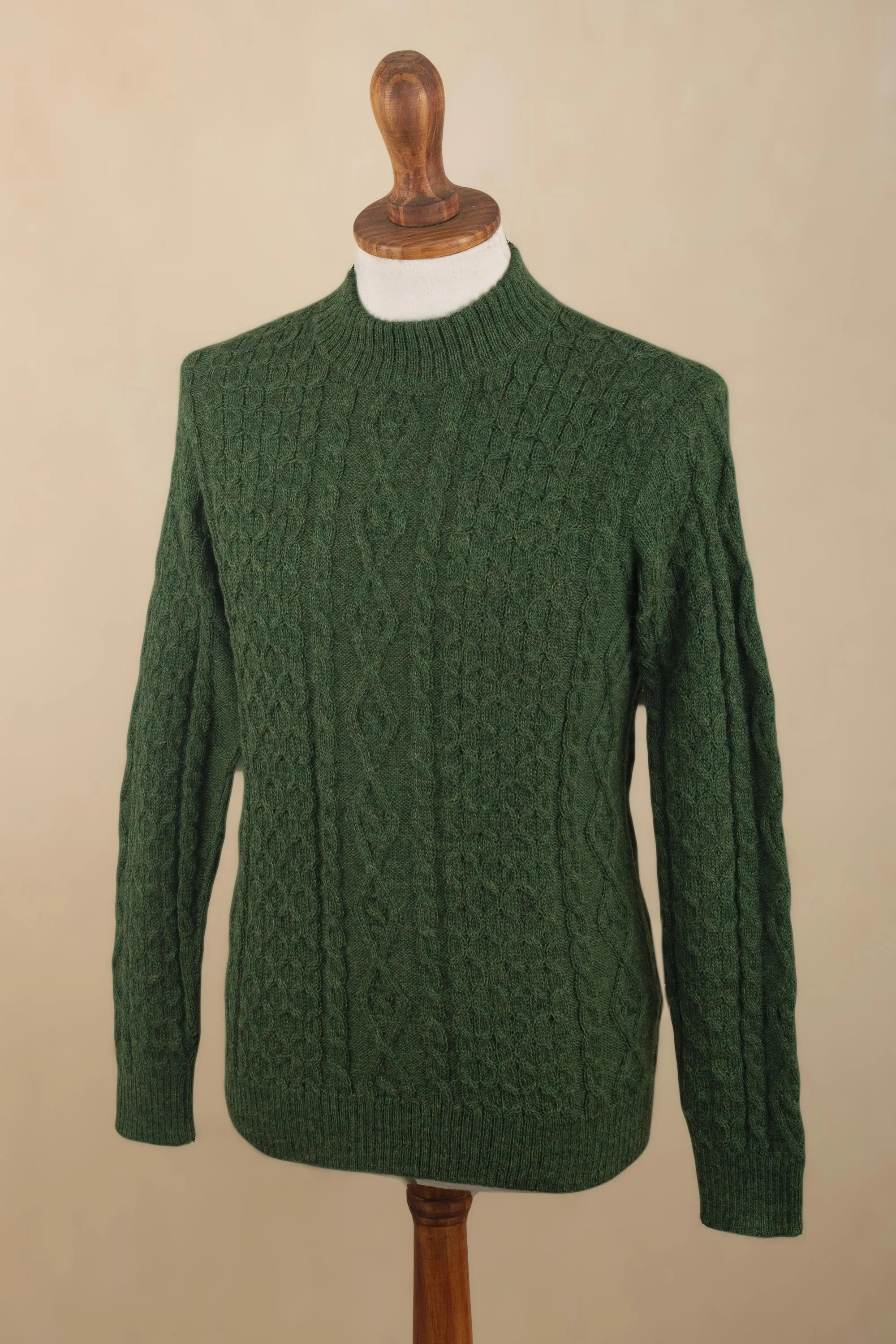 Men's Dark Green 100% Alpaca Pullover Sweater From Peru - Moss Braids | NOVICA