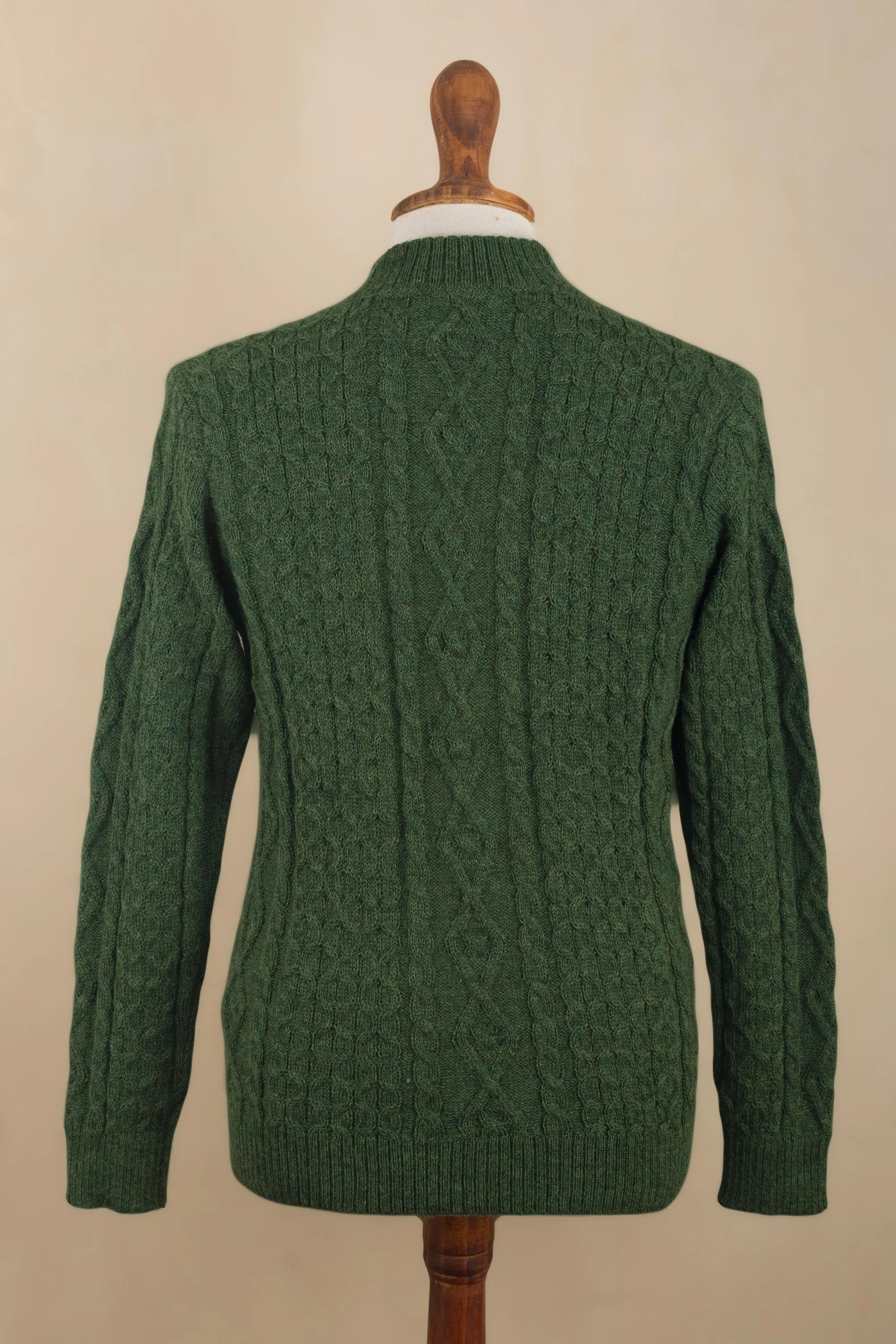 Men's Dark Green 100% Alpaca Pullover Sweater From Peru - Moss Braids | NOVICA