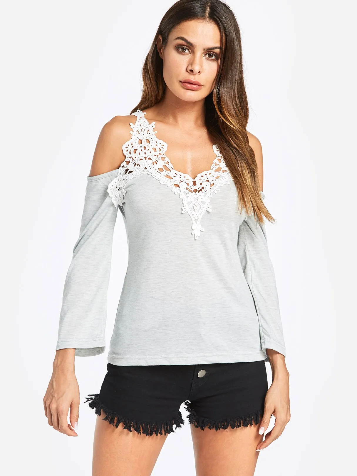 OEM ODM Cold Shoulder Lace Long Sleeve Grey T-Shirts