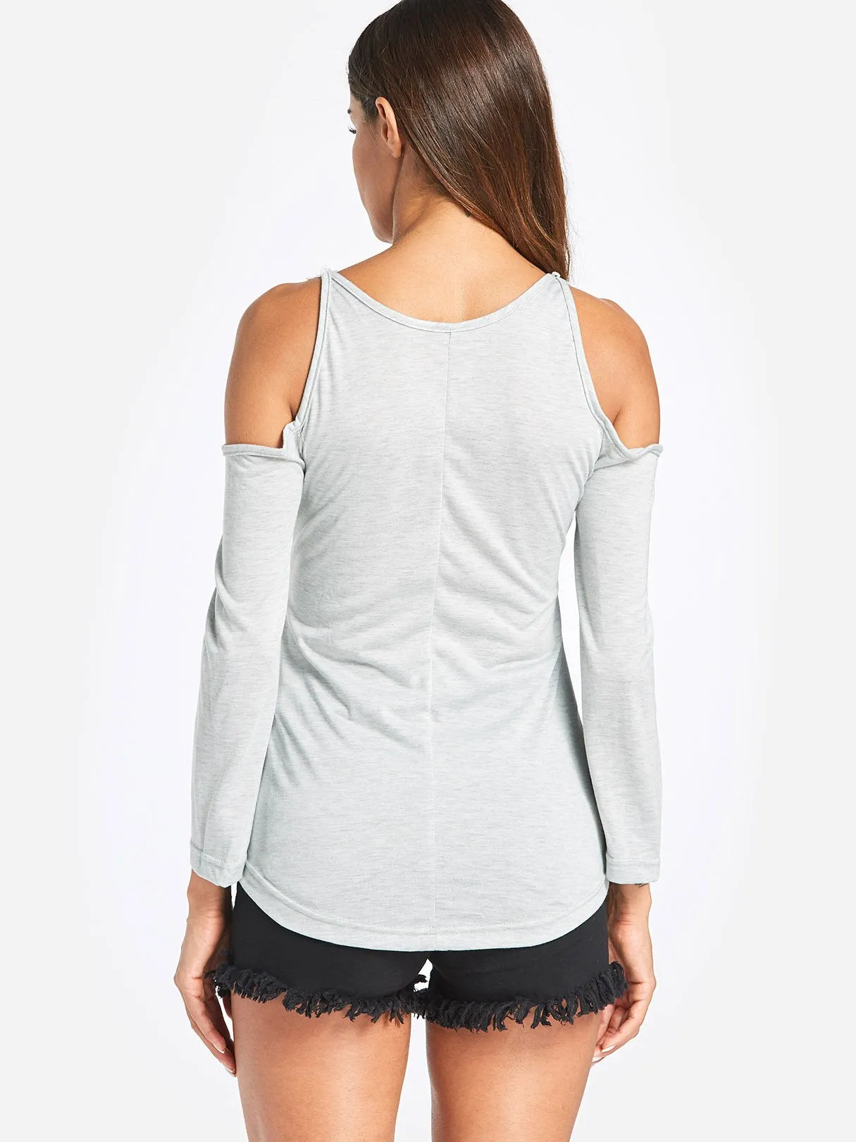 OEM ODM Cold Shoulder Lace Long Sleeve Grey T-Shirts
