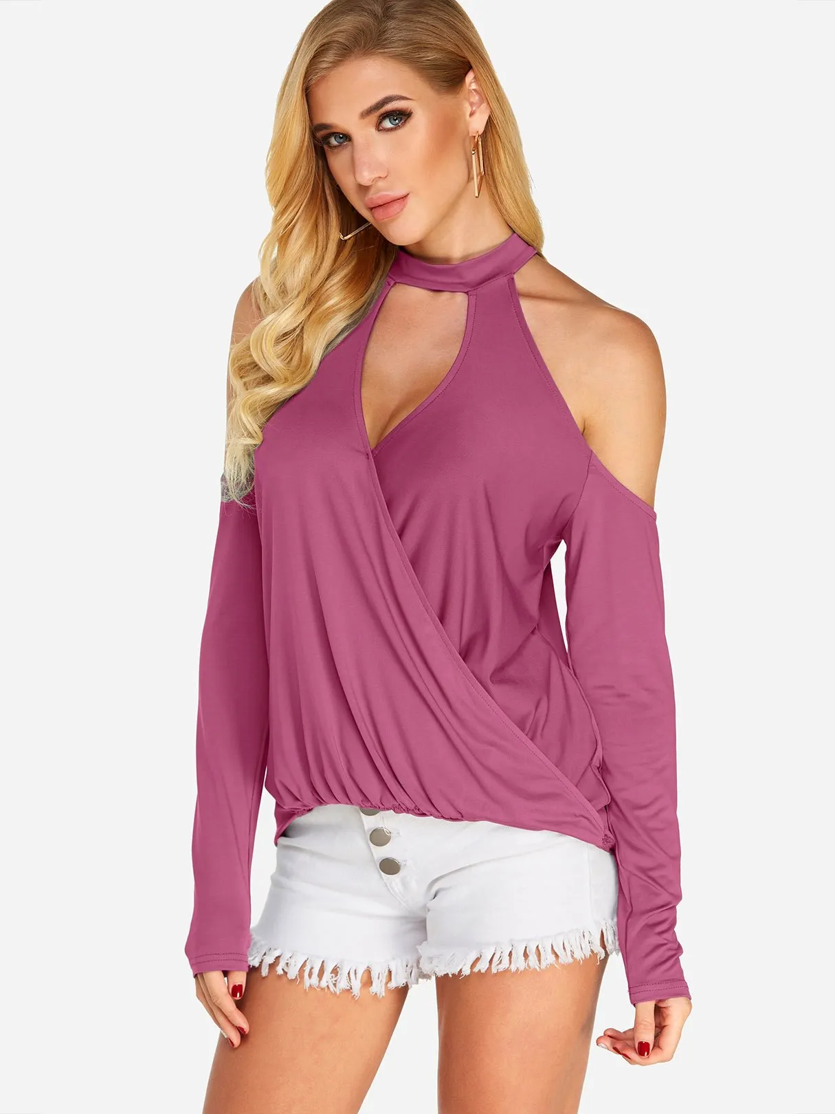 OEM ODM Halter Crossed Front Cut Out Long Sleeve Rose T-Shirts
