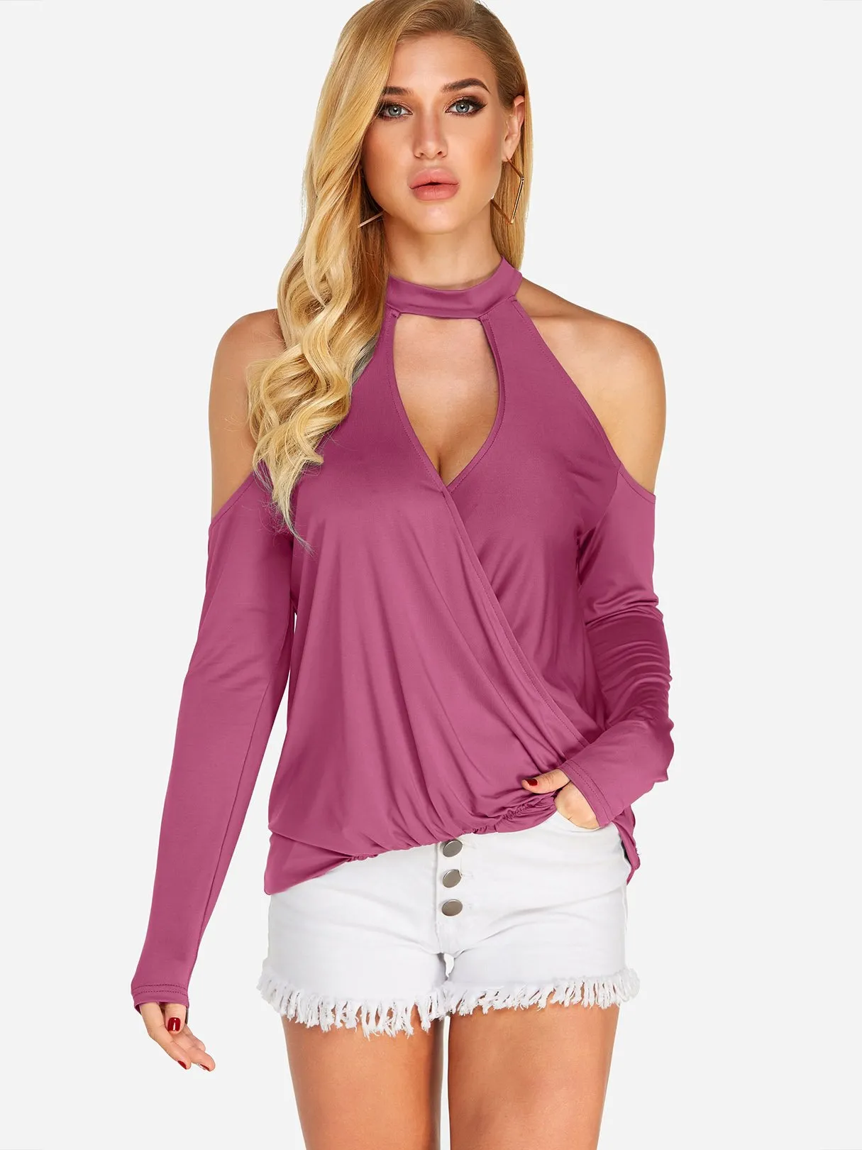 OEM ODM Halter Crossed Front Cut Out Long Sleeve Rose T-Shirts
