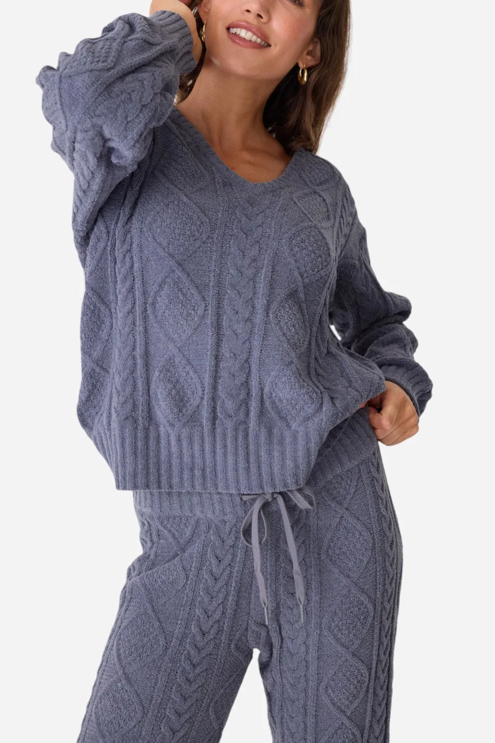 PJ Salvage Long Sleeve Cable Crew Top Charcoal