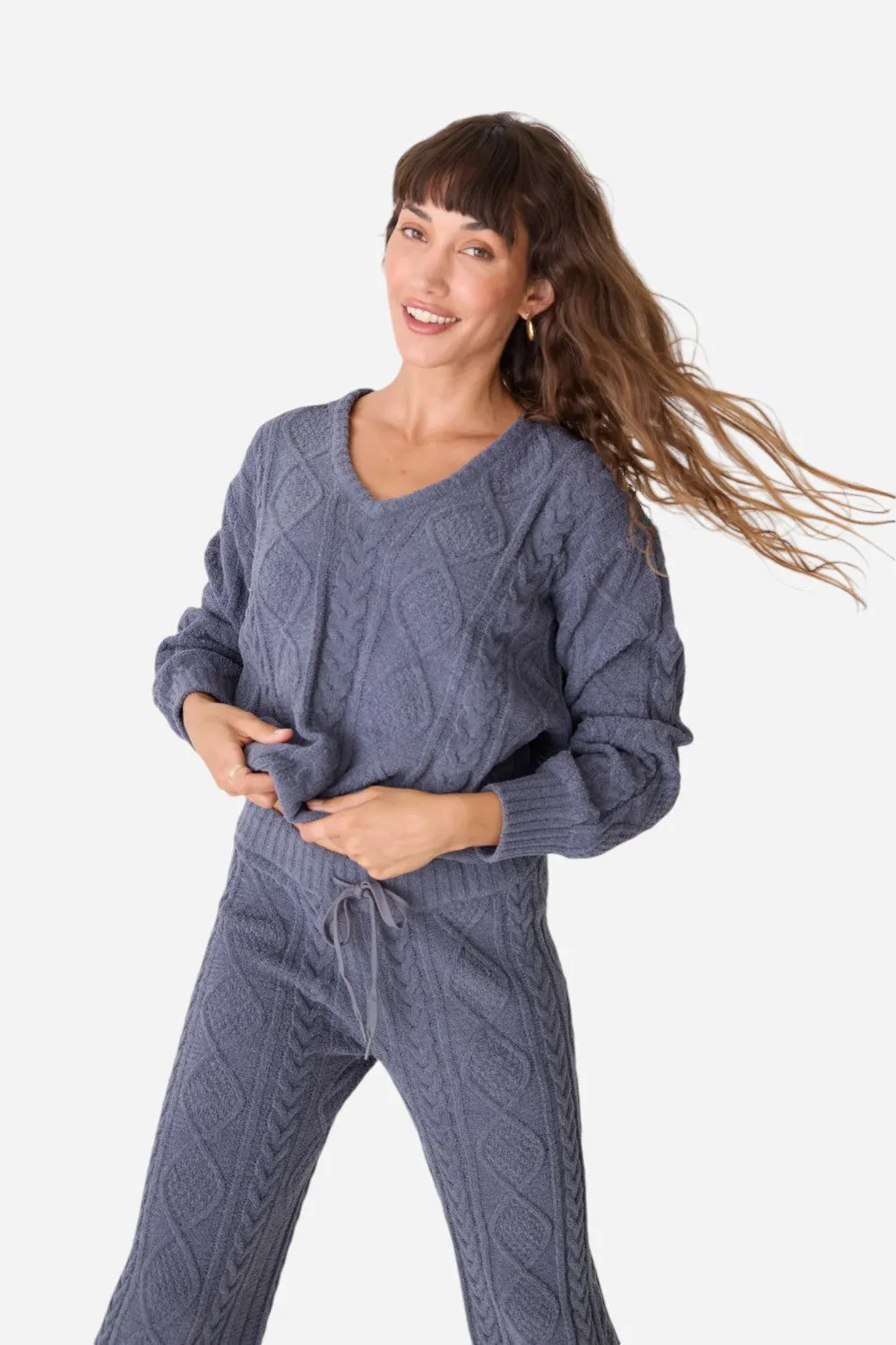 PJ Salvage Long Sleeve Cable Crew Top Charcoal