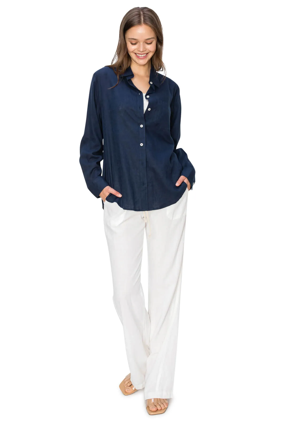 Relaxed Fit Linen Button-Down Shirts - Navy