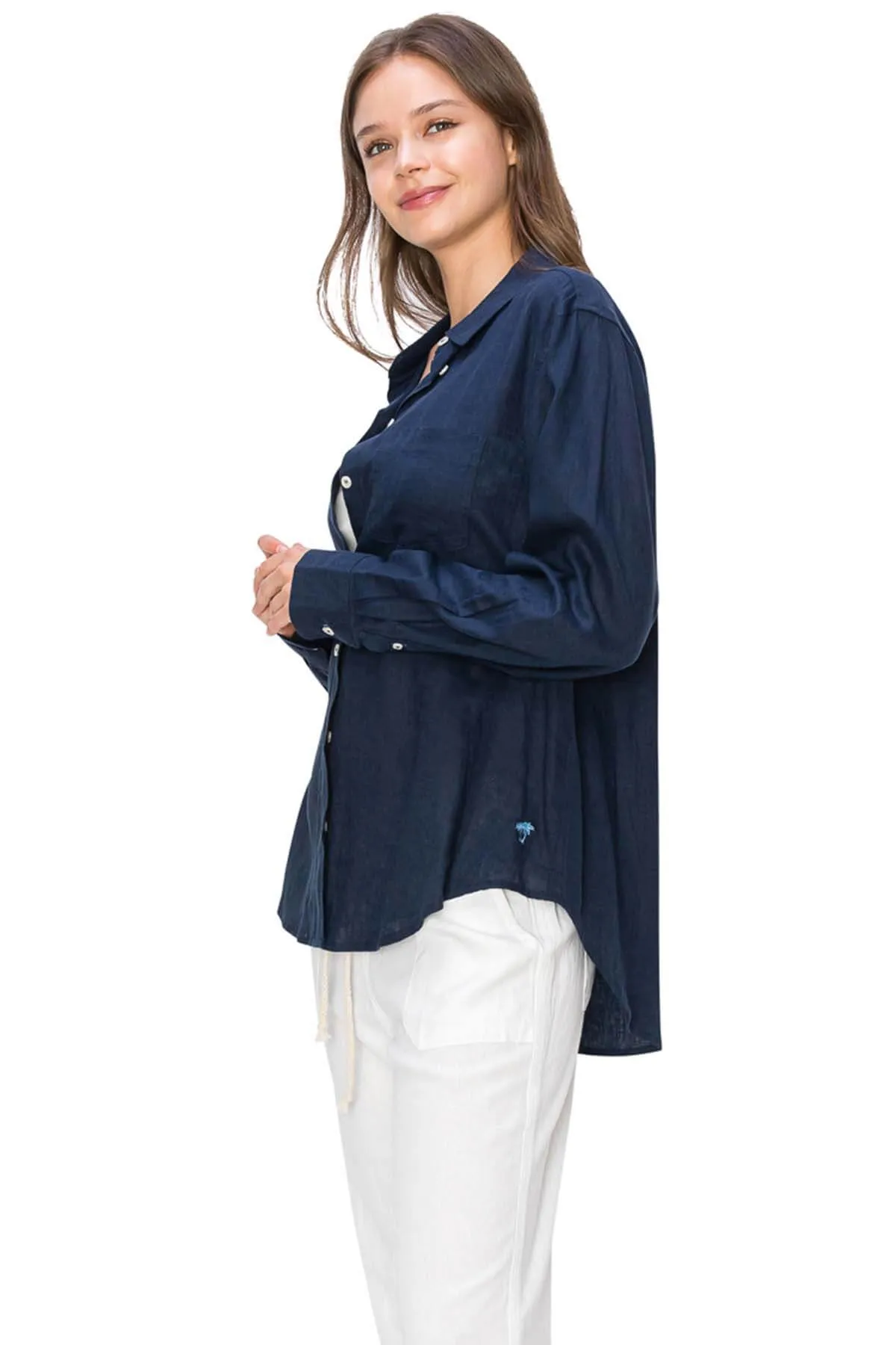 Relaxed Fit Linen Button-Down Shirts - Navy