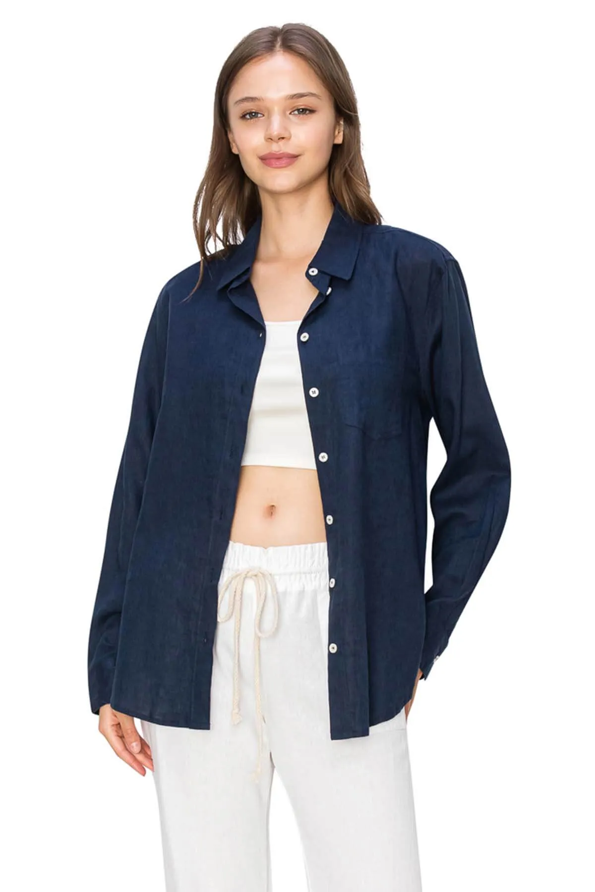 Relaxed Fit Linen Button-Down Shirts - Navy