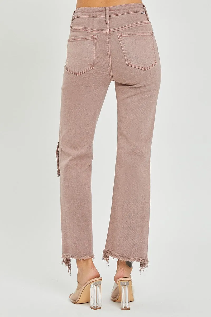Risen High Rise Knee Distressed Straight Pants - Mauve