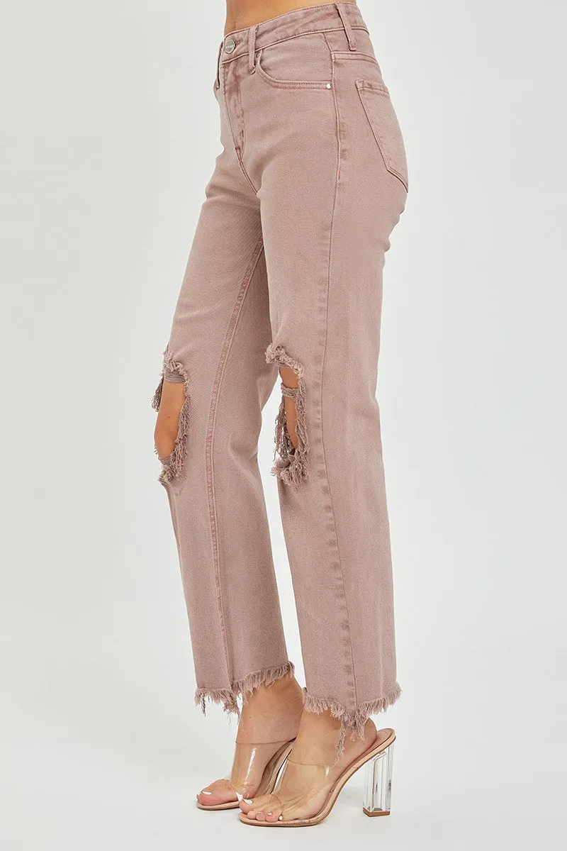 Risen High Rise Knee Distressed Straight Pants - Mauve
