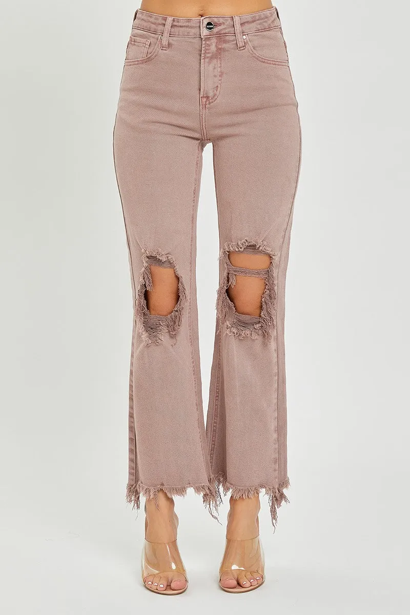 Risen High Rise Knee Distressed Straight Pants - Mauve