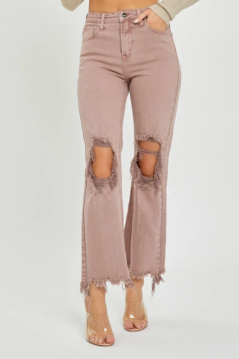 Risen High Rise Knee Distressed Straight Pants - Mauve