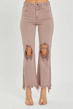 Risen High Rise Knee Distressed Straight Pants - Mauve