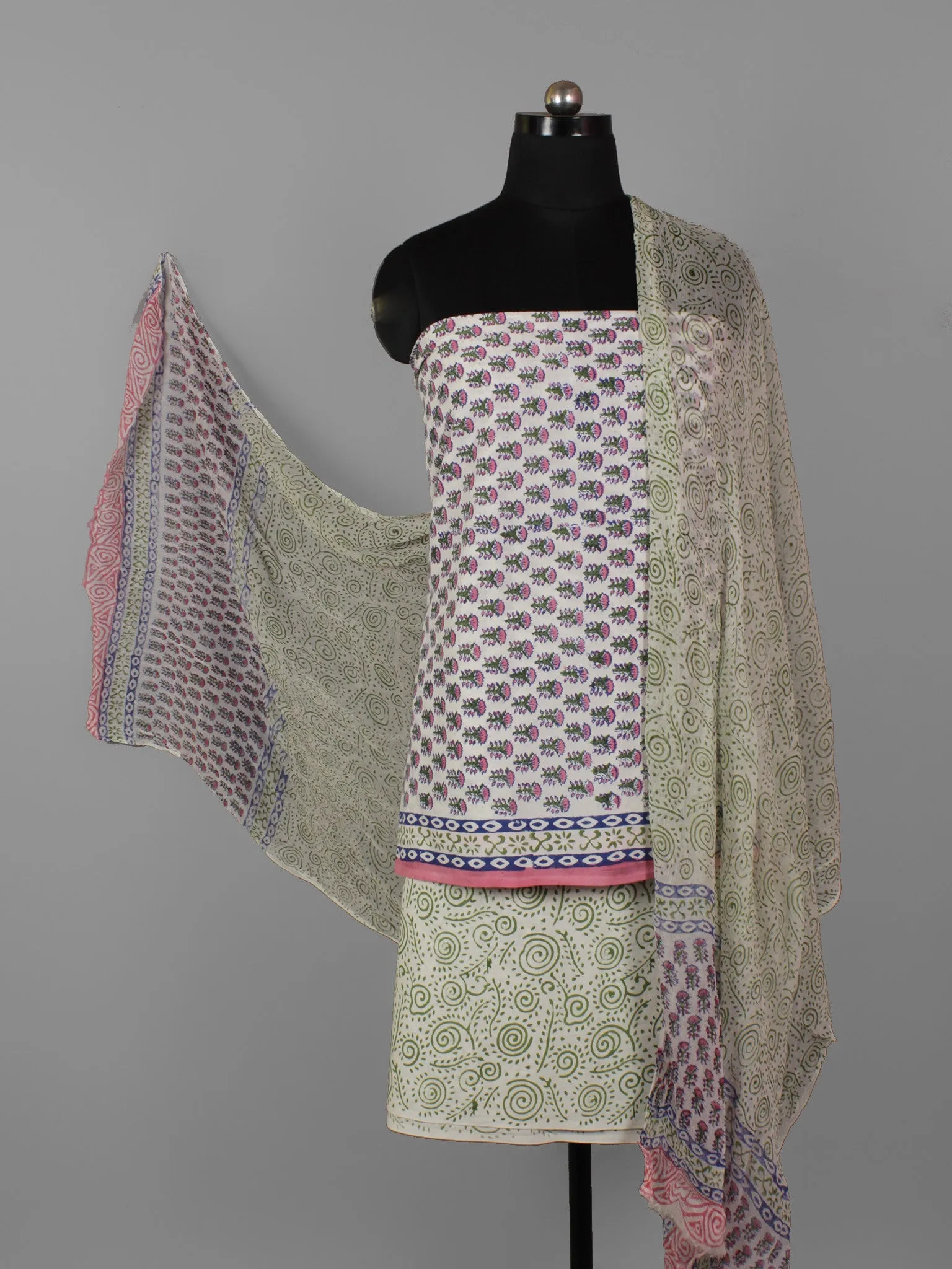 White Green Pink Hand Block Printed Cotton Suit-Salwar Fabric With Chiffon Dupatta (Set of 3) - S16281319