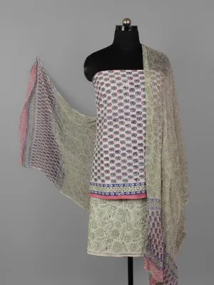 White Green Pink Hand Block Printed Cotton Suit-Salwar Fabric With Chiffon Dupatta (Set of 3) - S16281319