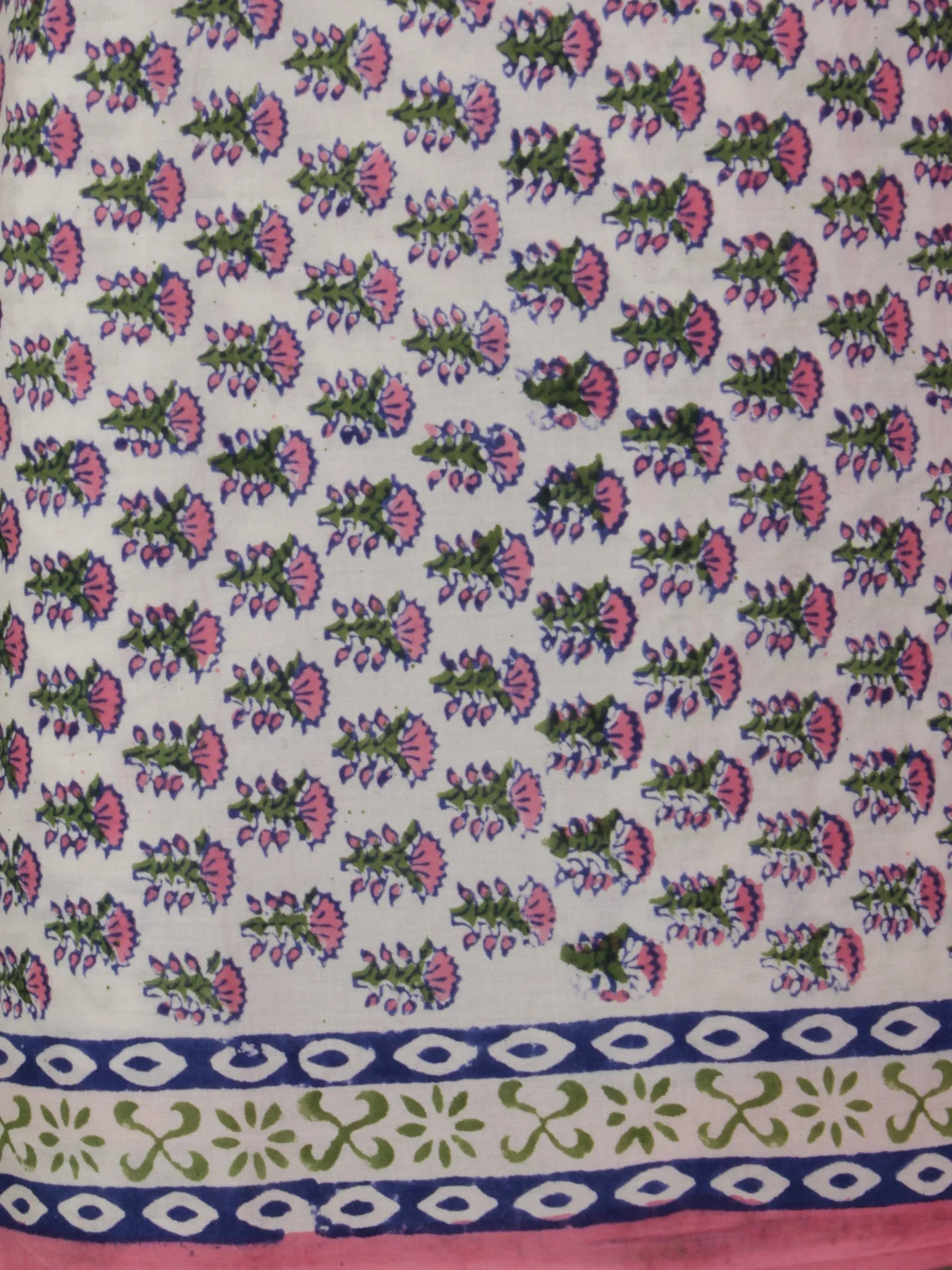 White Green Pink Hand Block Printed Cotton Suit-Salwar Fabric With Chiffon Dupatta (Set of 3) - S16281319