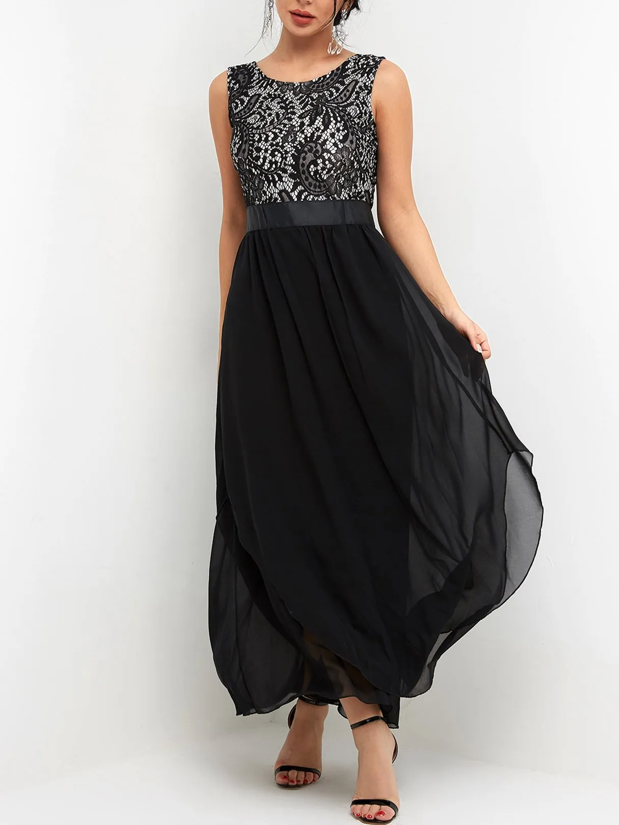 Wholesale Black Round Neck Sleeveless Lace Partially Lined Flounced Hem High-Waisted Maxi Dresses