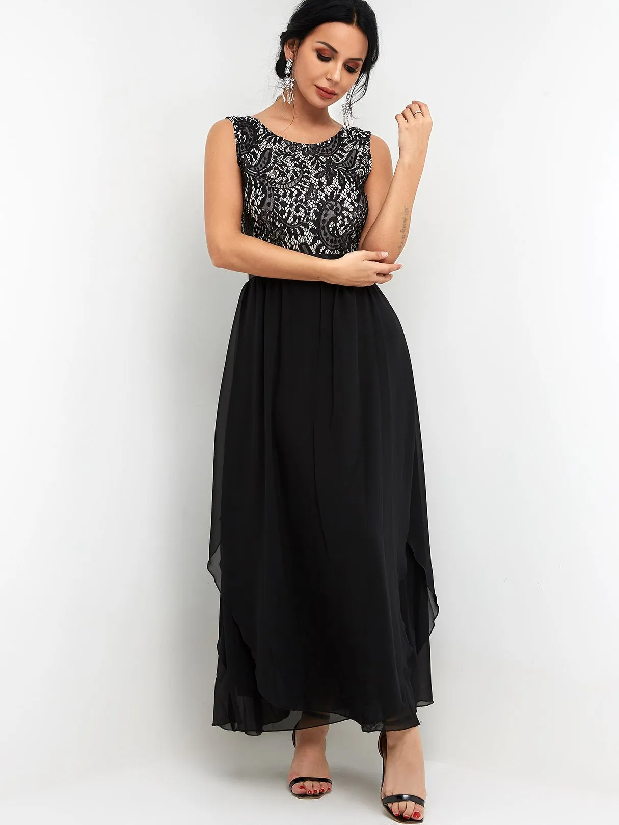 Wholesale Black Round Neck Sleeveless Lace Partially Lined Flounced Hem High-Waisted Maxi Dresses