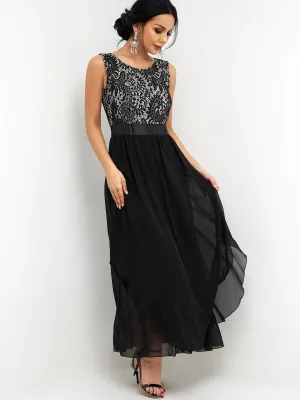 Wholesale Black Round Neck Sleeveless Lace Partially Lined Flounced Hem High-Waisted Maxi Dresses