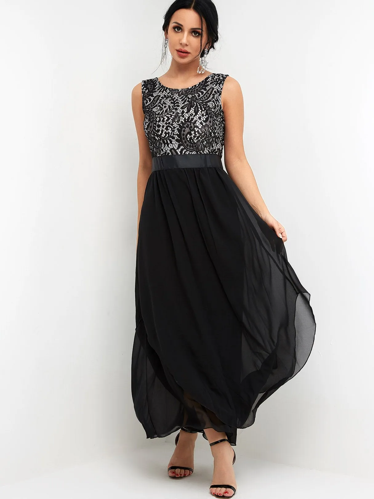 Wholesale Black Round Neck Sleeveless Lace Partially Lined Flounced Hem High-Waisted Maxi Dresses
