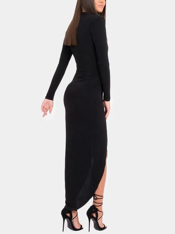 Wholesale Deep V Neck Long Sleeve Slit Hem Maxi Dress
