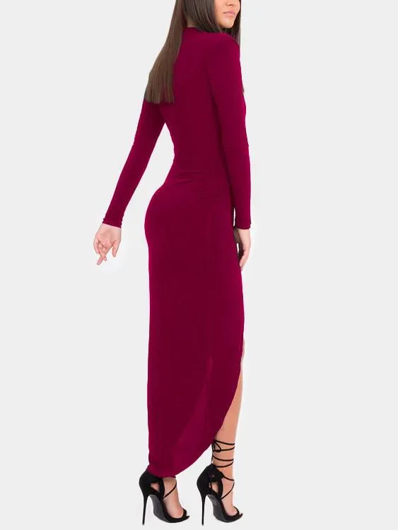 Wholesale Deep V Neck Long Sleeve Slit Hem Maxi Dress