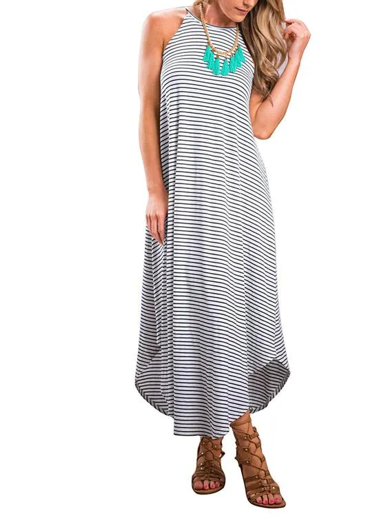 Wholesale Halter Sleeveless Stripe Irregular Hem Maxi Dress