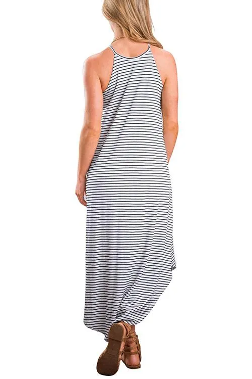 Wholesale Halter Sleeveless Stripe Irregular Hem Maxi Dress