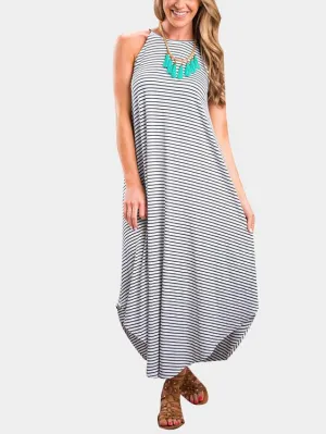 Wholesale Halter Sleeveless Stripe Irregular Hem Maxi Dress